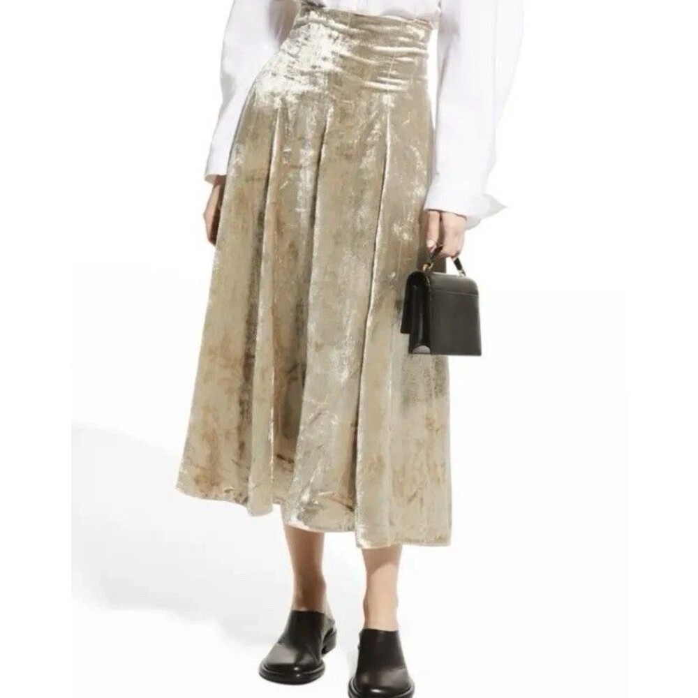 VINCE Size 2 Paneled Hi-Rise Velvet Satin Midi-Skirt Oat Stone NWT